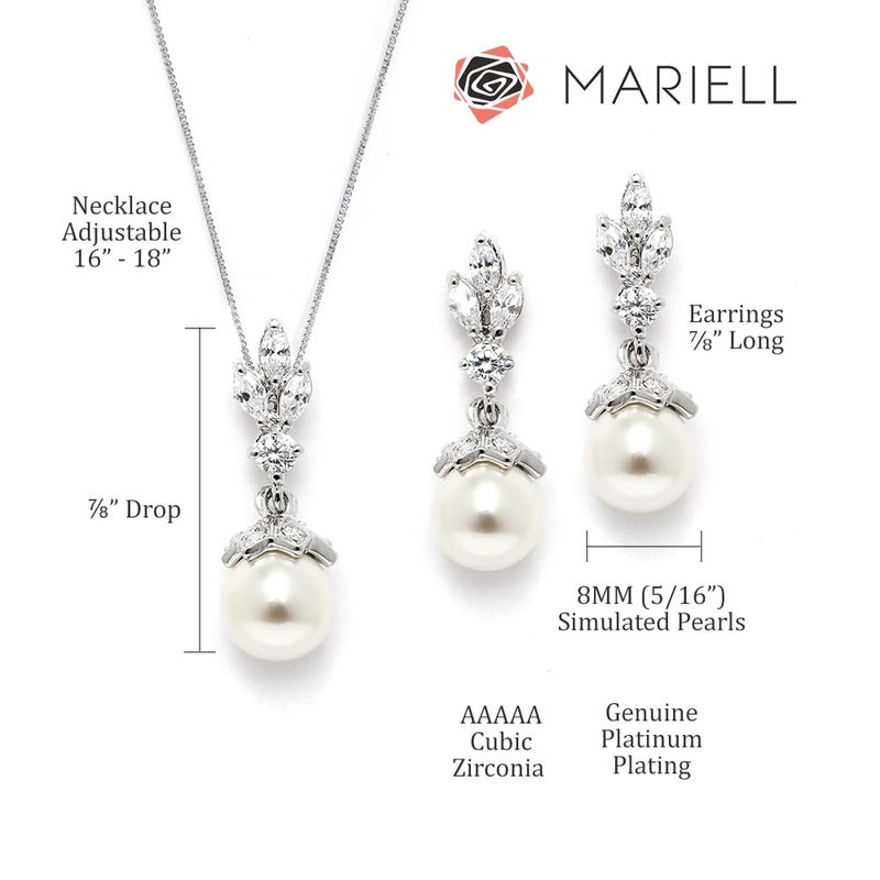 Mariell Ivory Pearl Necklace and Drop Earrings Bridal and Wedding Jewelry Set for Women, Brides, Bridesmaids or Mother of the Bride, Platinum Plating, Perfect Jewelry Gift for Women - Image 5